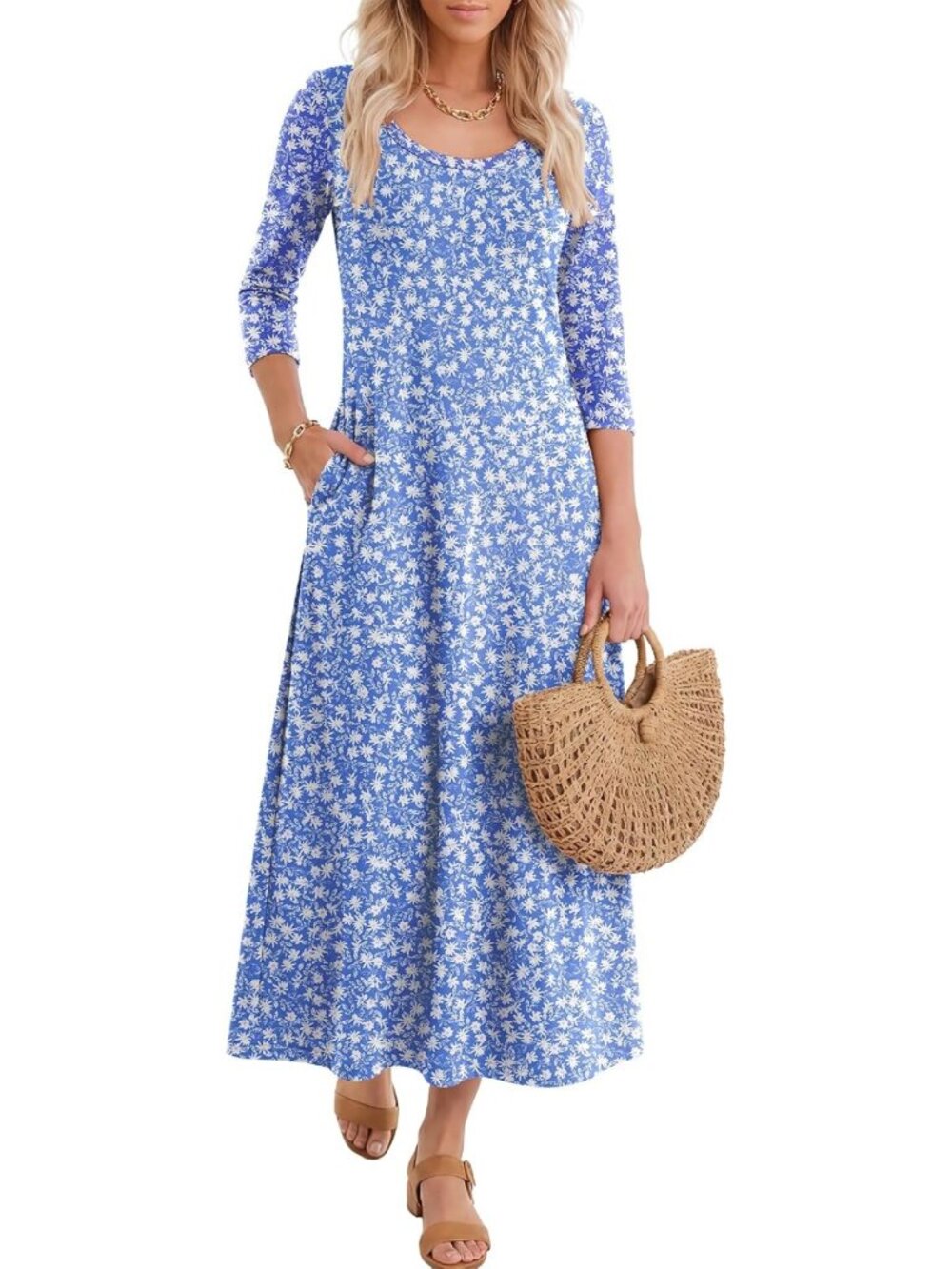 Chic 3/4 Sleeve Scoop Neck Casual Maxi Dress for Women - Perfect for Any